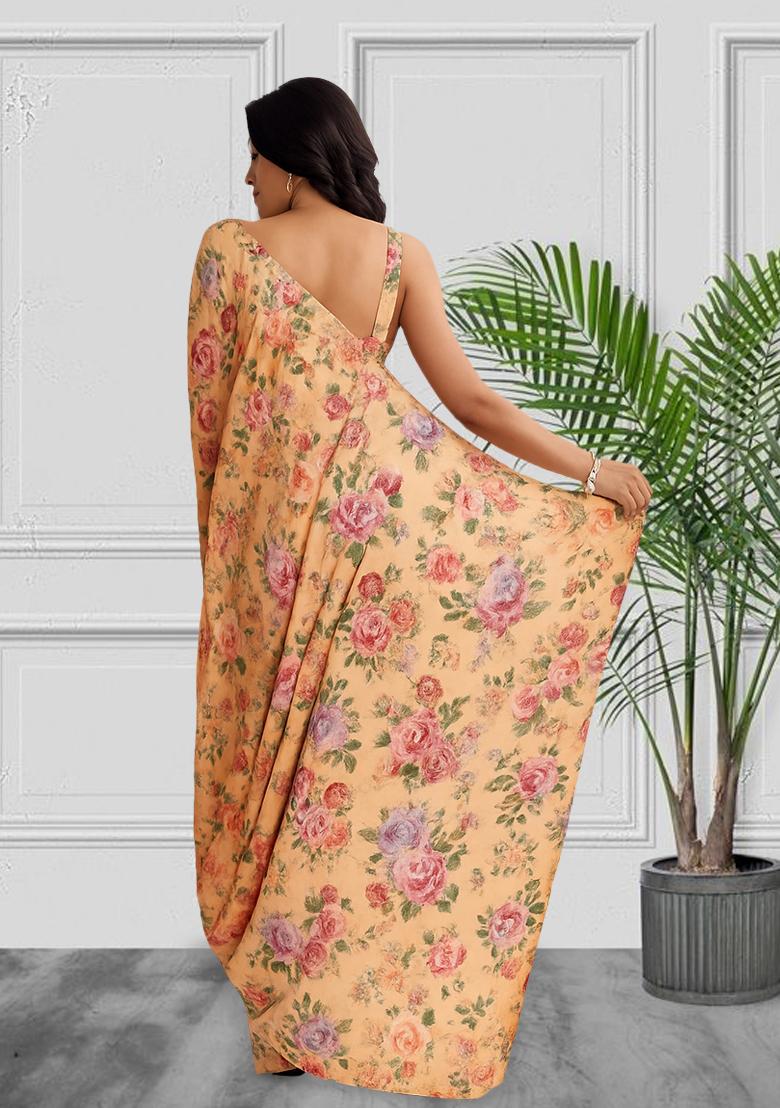 Beige Printed Satin Pre Draped Saree Set - Indya