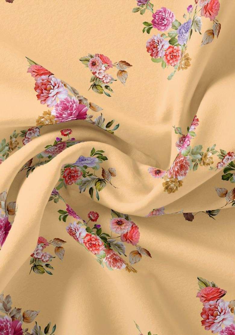Beige Printed Satin Pre Draped Saree Set - Indya