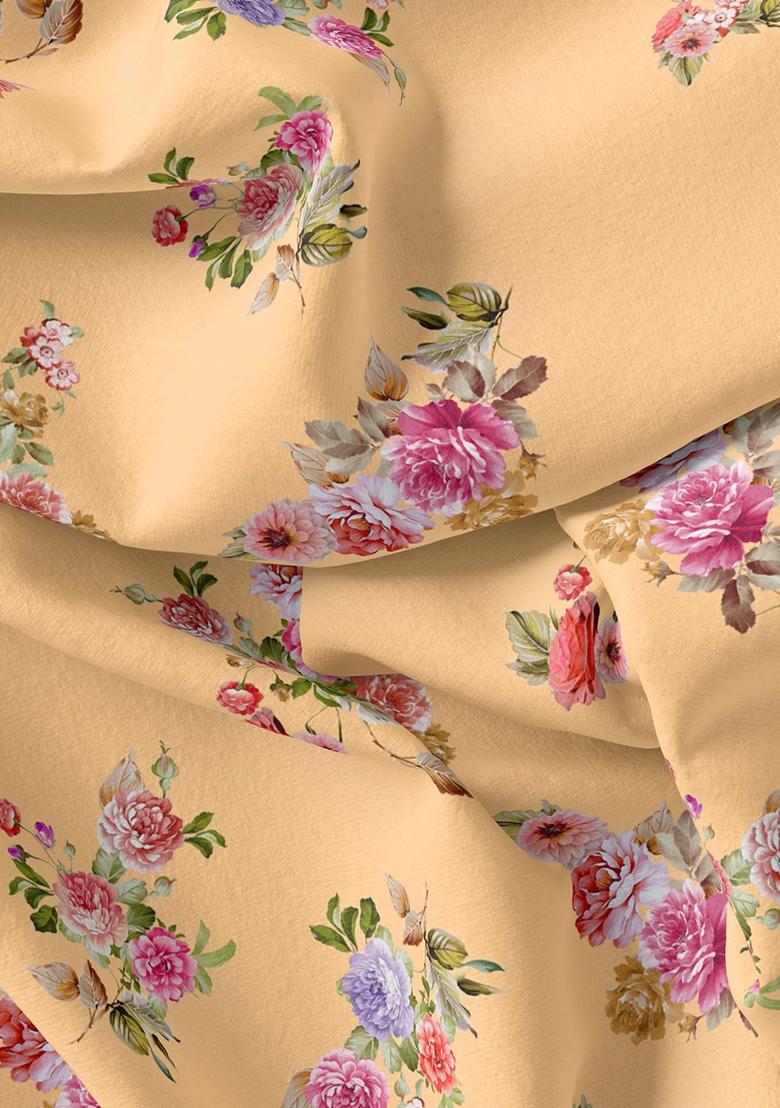 Beige Printed Satin Pre Draped Saree Set - Indya