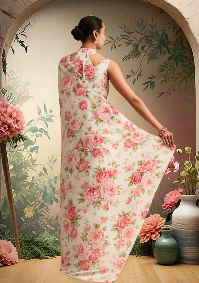 Pink Printed Satin Pre Draped Saree Set - Indya