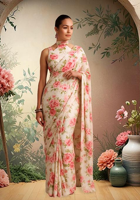 Pink Printed Satin Pre Draped Saree Set