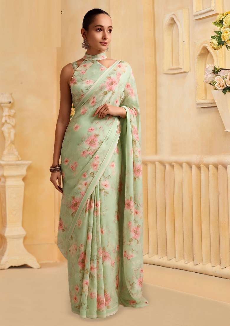 Green Printed Satin Pre Draped Saree Set - Indya
