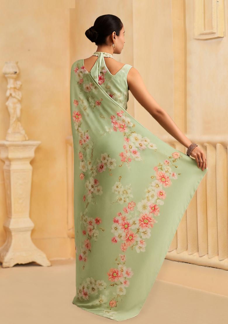 Green Printed Satin Pre Draped Saree Set - Indya