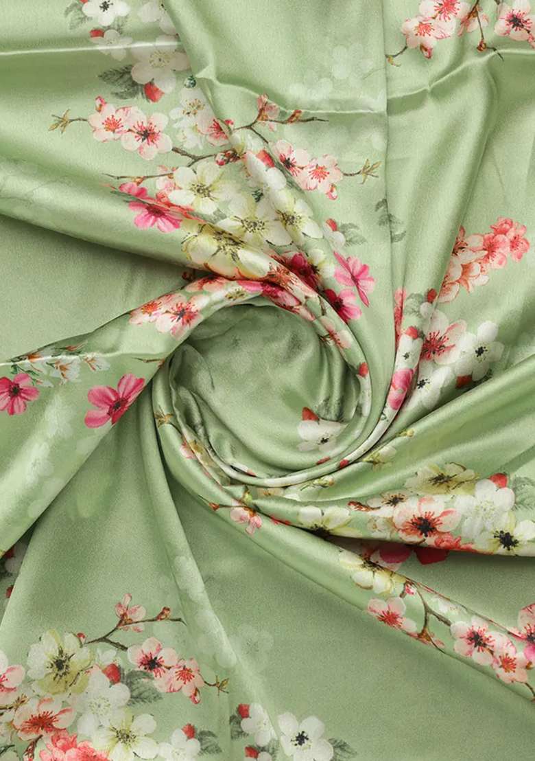 Green Printed Satin Pre Draped Saree Set - Indya
