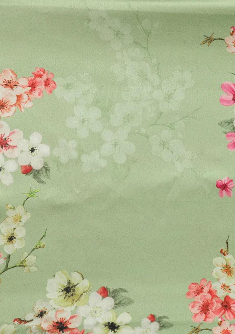 Green Printed Satin Pre Draped Saree Set - Indya