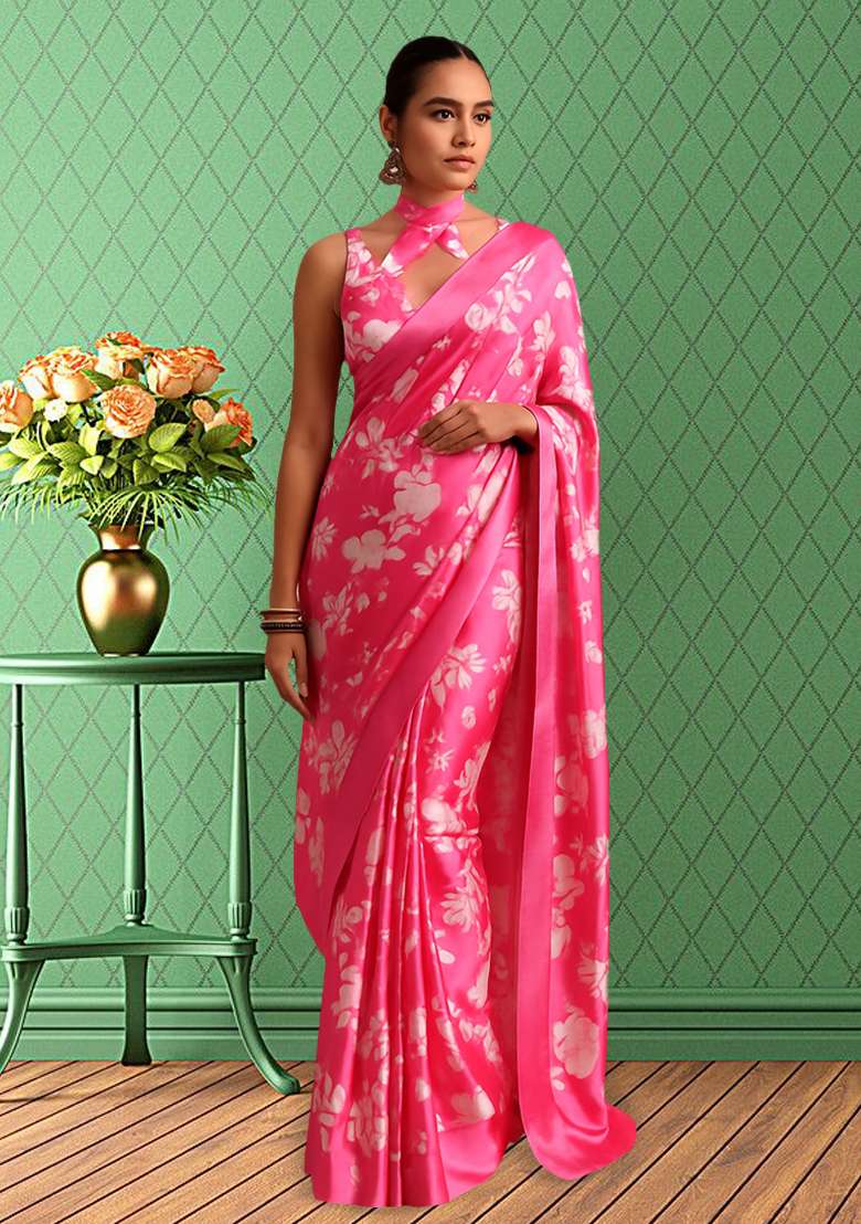 Pink Printed Satin Pre Draped Saree Set for Diwali and Festive Wear - Indya