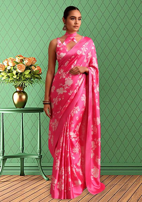 Pink Printed Satin Pre Draped Saree Set
