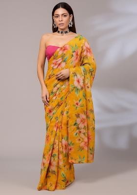 Orange Printed Organza Pre Draped Saree Set