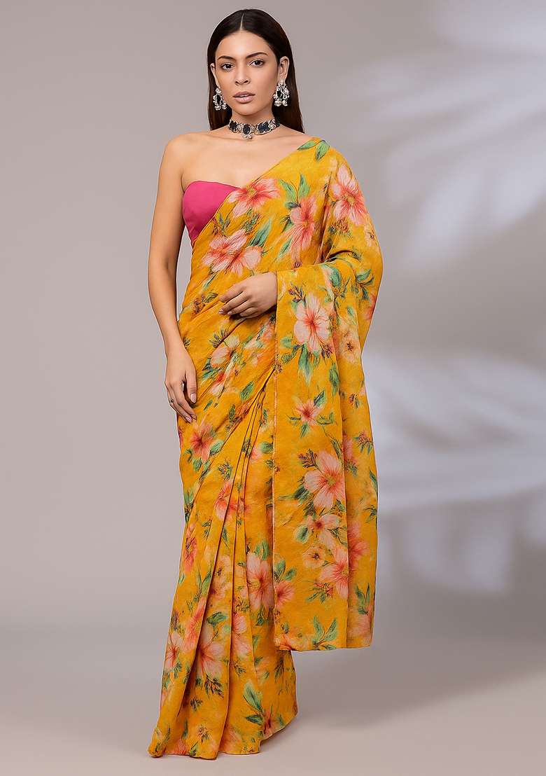 Orange Organza Pre Draped Saree Set with Printed for Diwali | Wedding & Festive Wear - Indya
