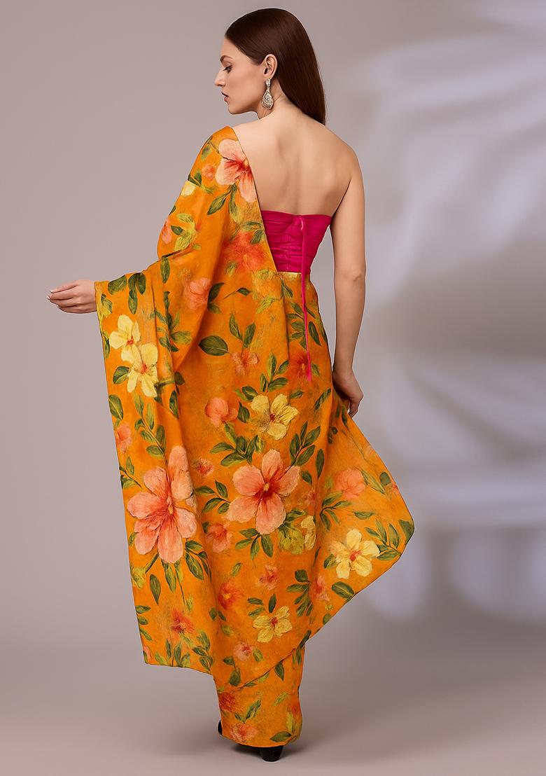 Orange Printed Organza Pre Draped Saree Set - Indya