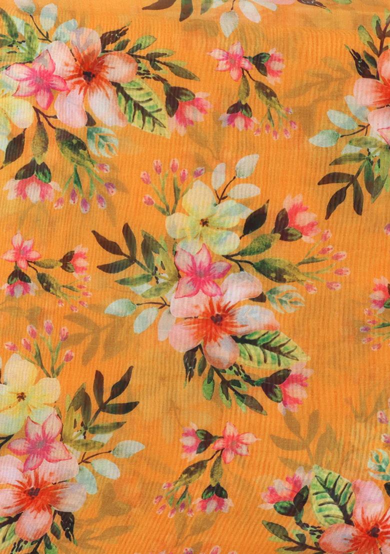 Orange Printed Organza Pre Draped Saree Set - Indya