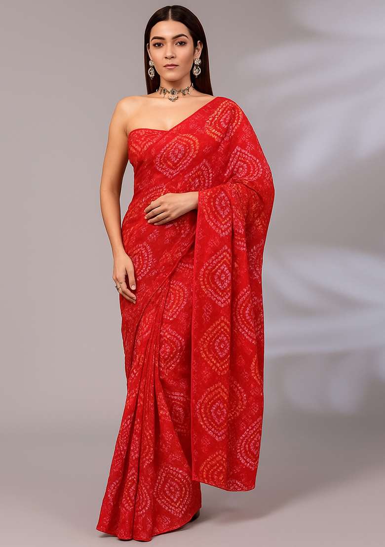 Red Organza Pre Draped Saree Set with Printed for Diwali | Wedding & Festive Wear - Indya