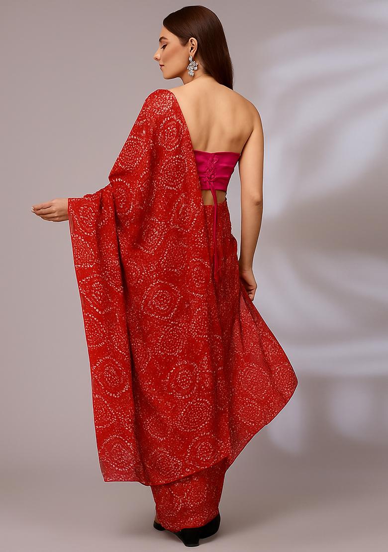 Red Printed Organza Pre Draped Saree Set - Indya