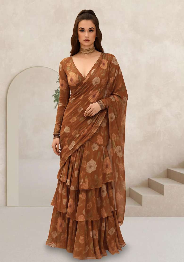 Brown Printed Chiffon Pre Draped Saree Set - Indya