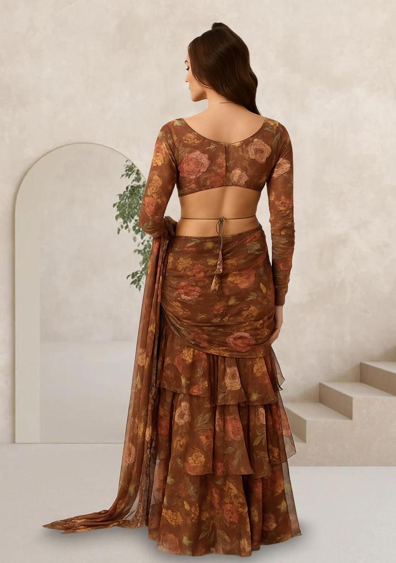 Brown Printed Chiffon Pre Draped Saree Set - Indya