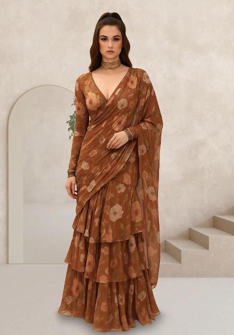 Brown Printed Chiffon Pre Draped Saree Set