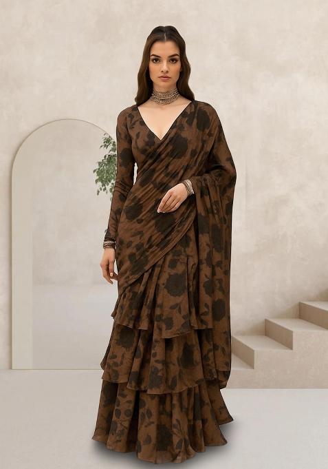 Brown Printed Pre Draped Saree Set