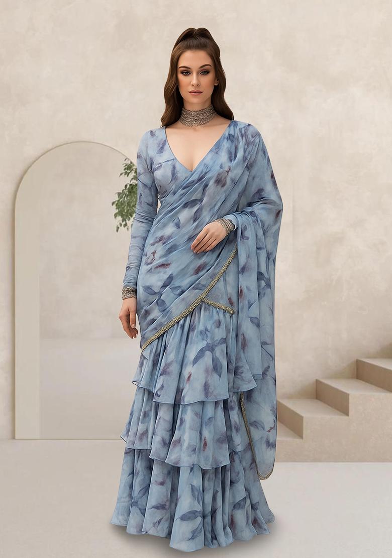 Blue Printed Organza Pre Draped Saree Set