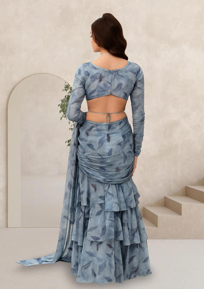 Blue Printed Organza Pre Draped Saree Set