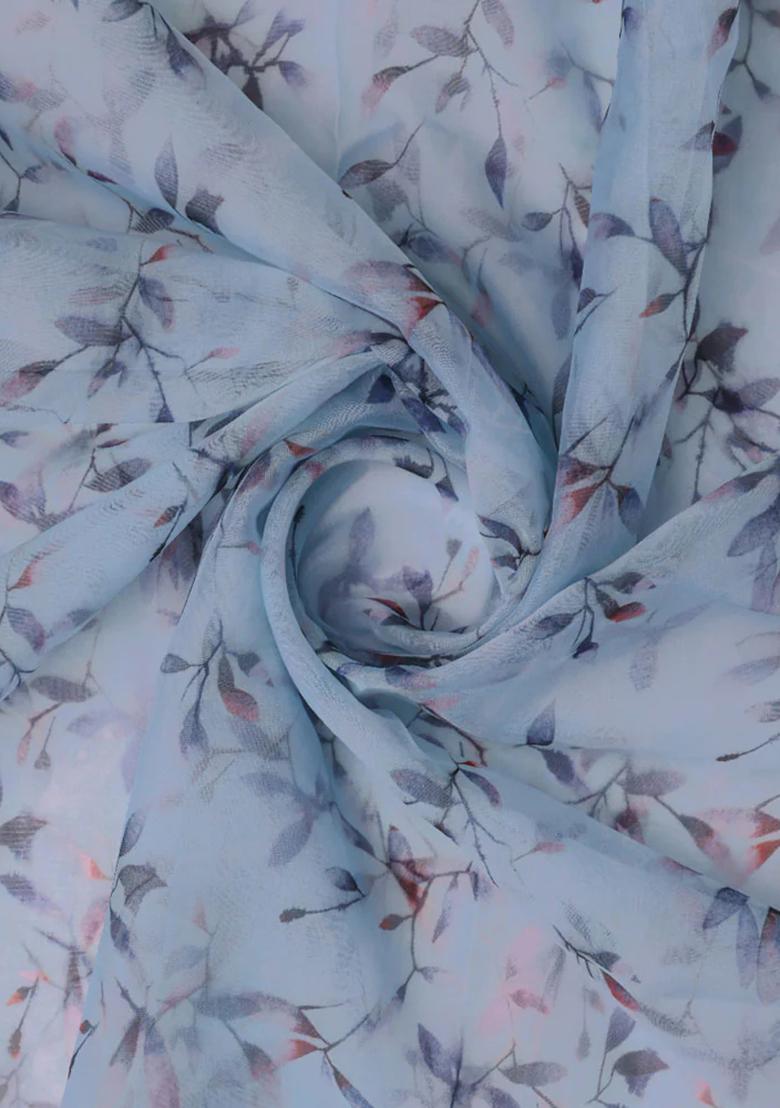 Blue Printed Organza Pre Draped Saree Set