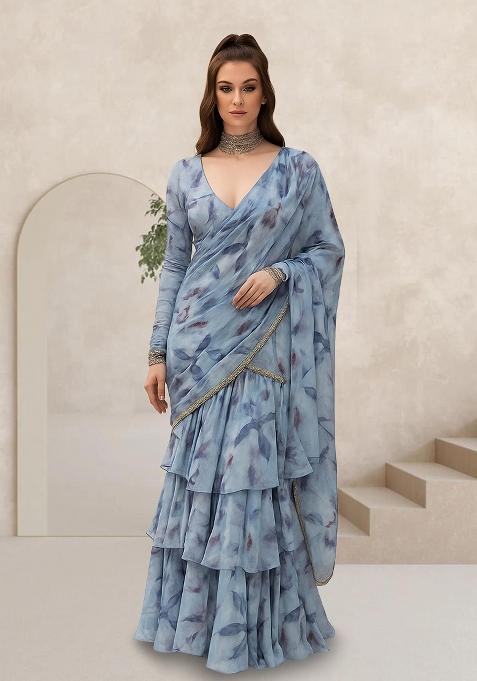 Blue Printed Organza Pre Draped Saree Set