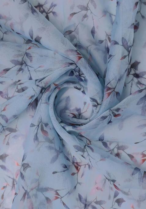 Blue Printed Organza Pre Draped Saree Set