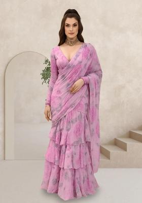 Pink Printed Chiffon Pre Draped Saree Set
