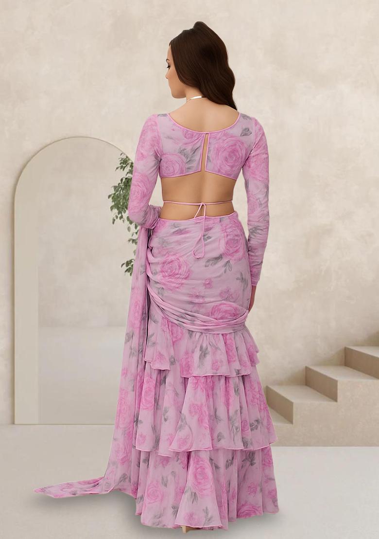 Pink Printed Chiffon Pre Draped Saree Set - Indya