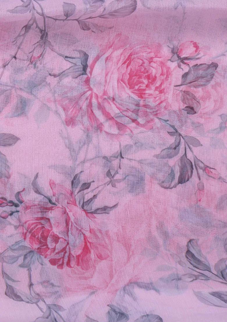 Pink Printed Chiffon Pre Draped Saree Set - Indya