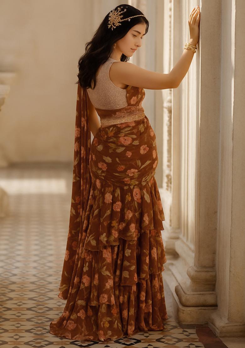 Brown Printed Chiffon Pre Draped Saree Set