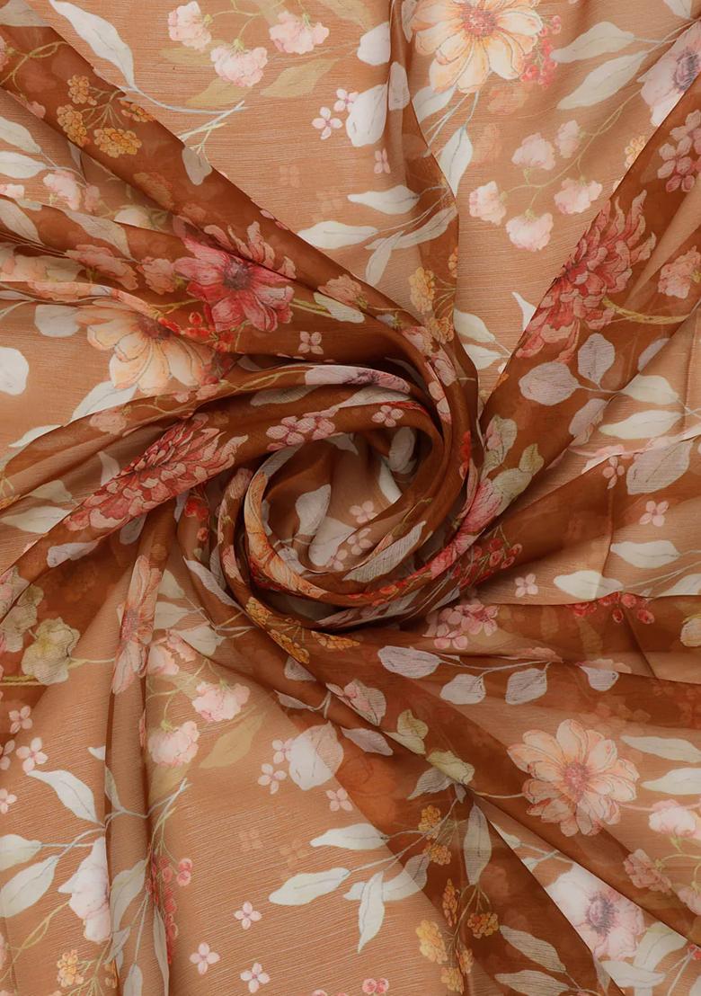 Brown Printed Chiffon Pre Draped Saree Set