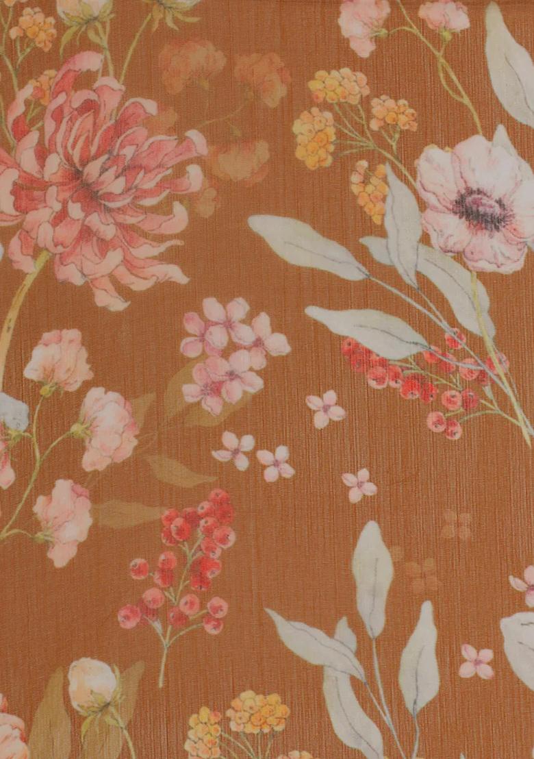 Brown Printed Chiffon Pre Draped Saree Set