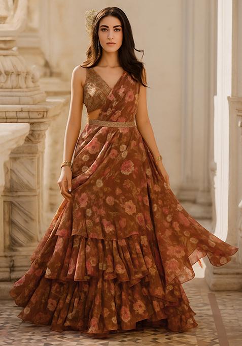 Brown Printed Chiffon Pre Draped Saree Set