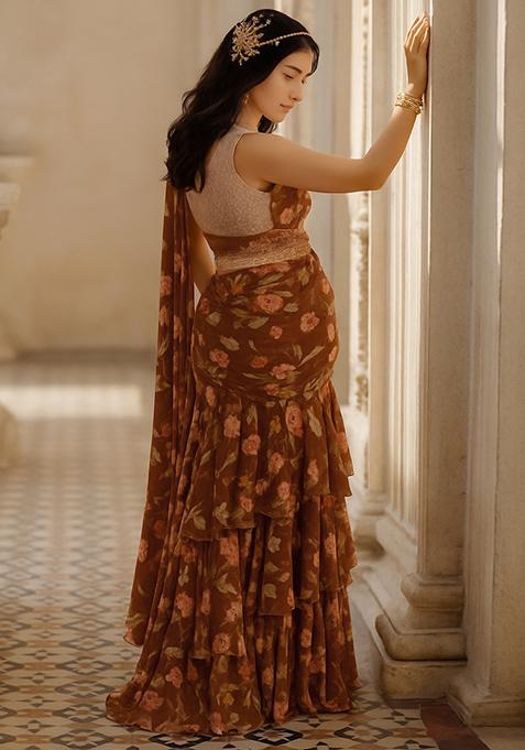 Brown Printed Chiffon Pre Draped Saree Set