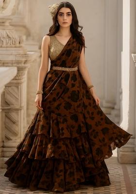 Brown Printed Polyester Pre Draped Saree Set