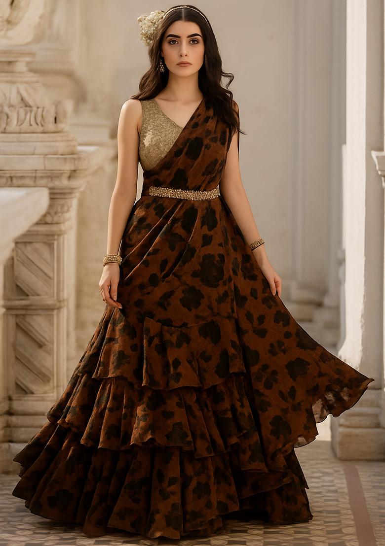 Brown Printed Pre Draped Saree Set