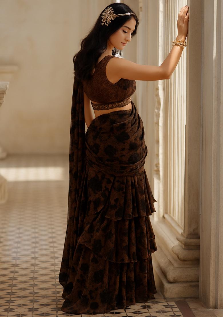 Brown Printed Pre Draped Saree Set