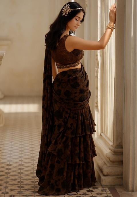 Brown Printed Pre Draped Saree Set