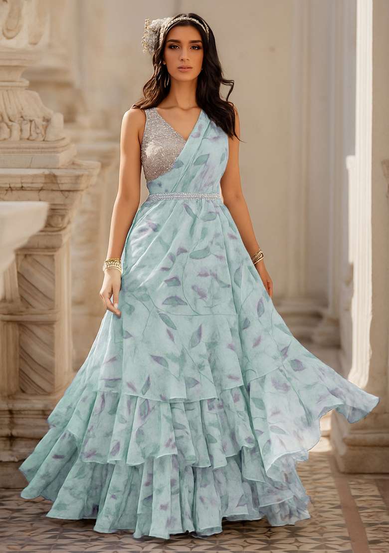 Blue Printed Organza Pre Draped Saree Set - Indya
