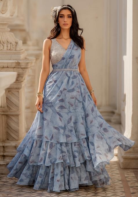 Blue Printed Organza Pre Draped Saree Set
