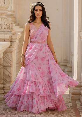 Pink Printed Chiffon Pre Draped Saree Set