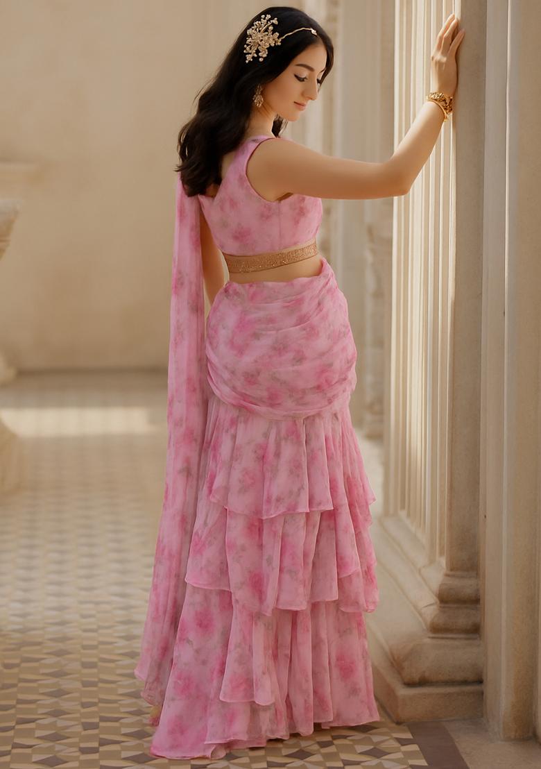 Pink Printed Chiffon Pre Draped Saree Set - Indya