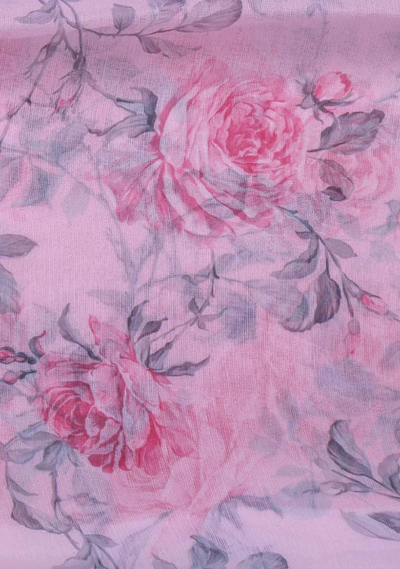 Pink Printed Chiffon Pre Draped Saree Set - Indya