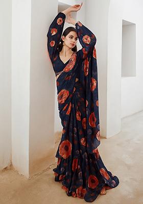 Blue Printed Chiffon Pre Draped Saree Set