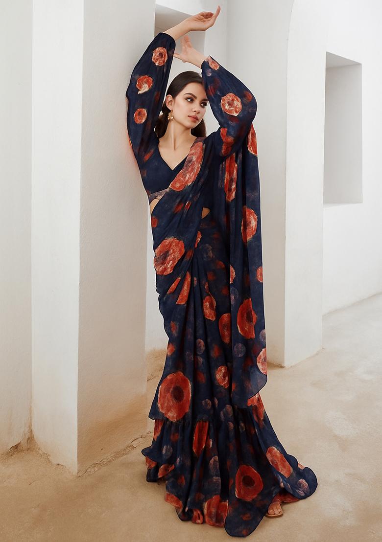Blue Printed Chiffon Pre Draped Saree Set