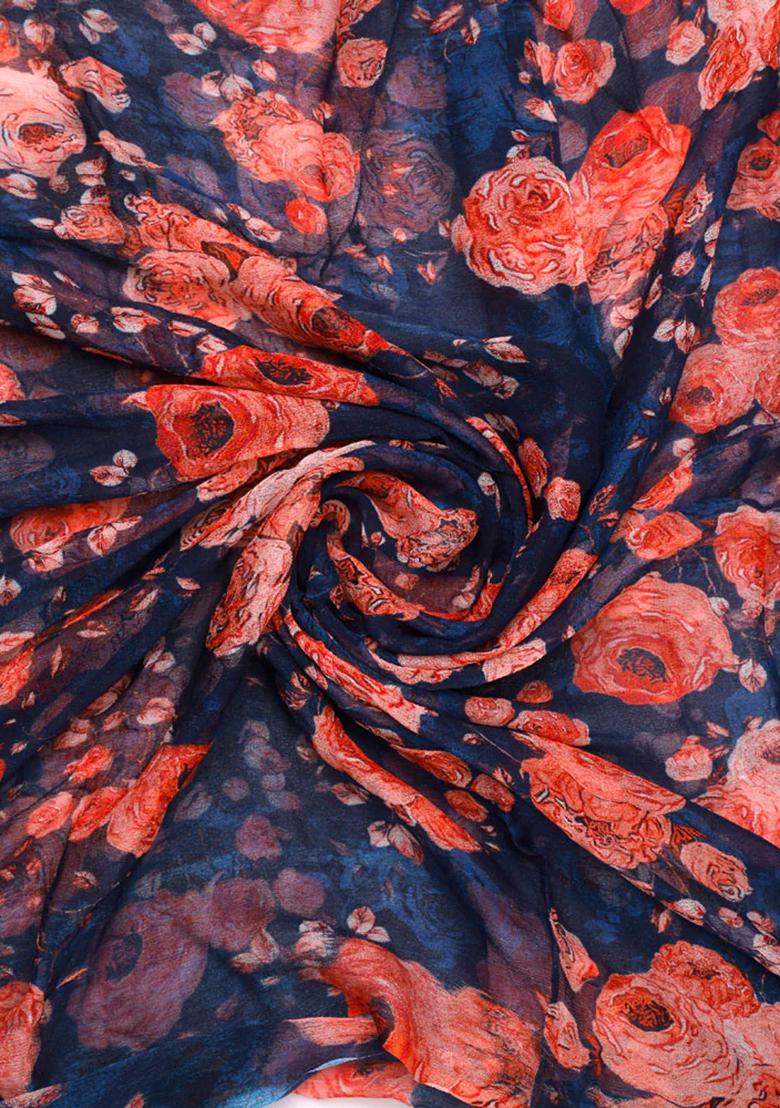 Blue Printed Chiffon Pre Draped Saree Set