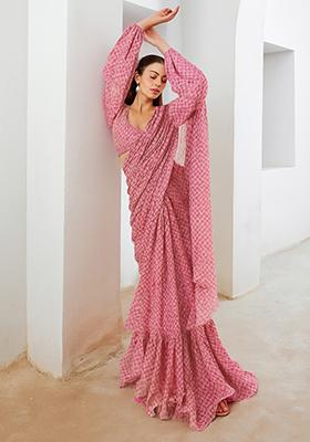 Pink Printed Chiffon Pre Draped Saree Set
