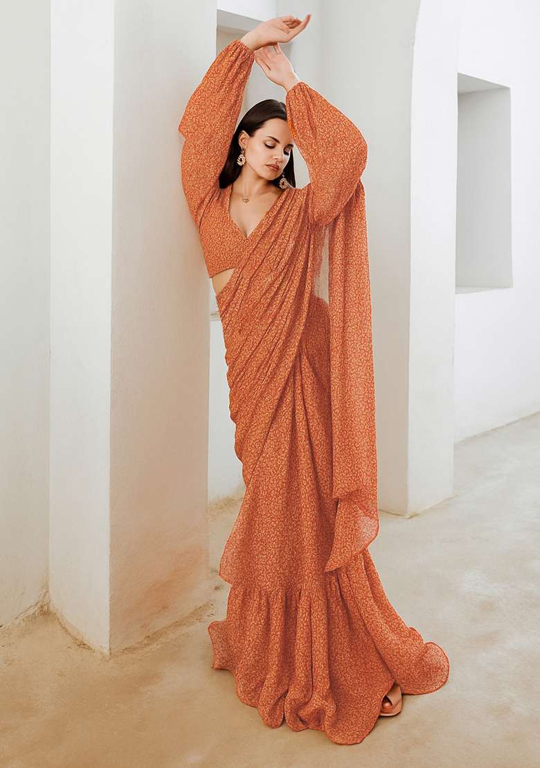 Orange Printed Chiffon Pre Draped Saree Set - Indya