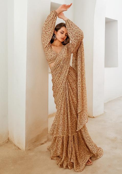 Beige Printed Chiffon Pre Draped Saree Set