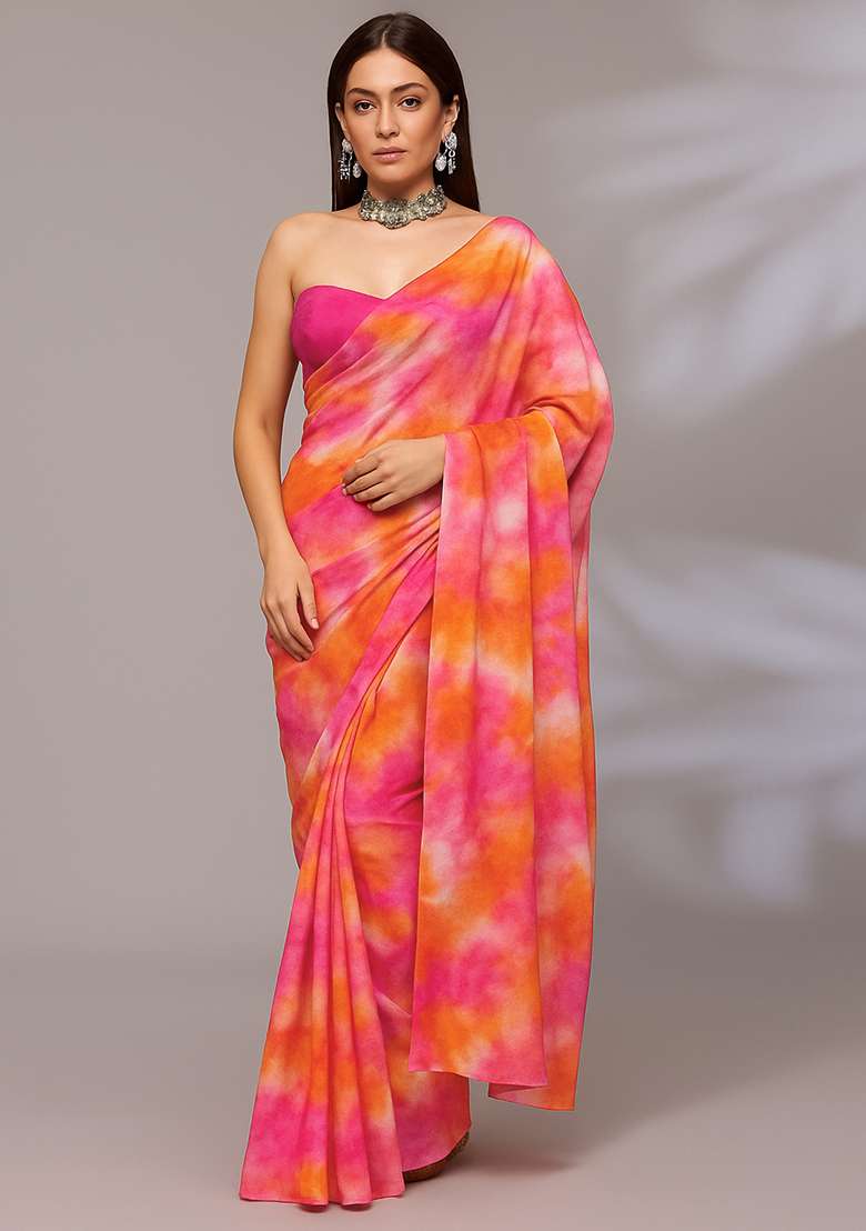 Pink Organza Pre Draped Saree Set with Printed for Diwali | Wedding & Festive Wear - Indya